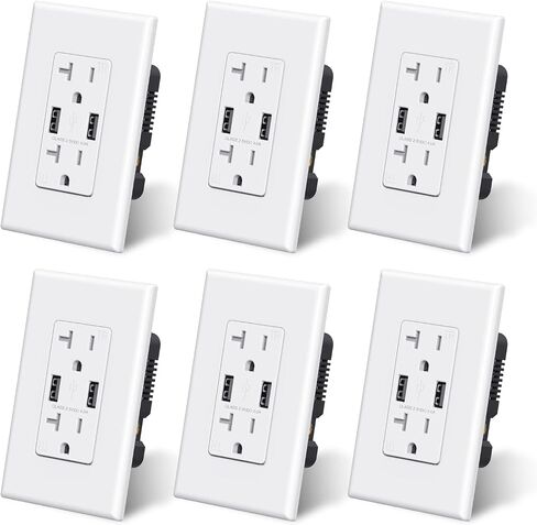 ELEGRP USB Wall Outlet Receptacle with Dual 4.0 A USB Ports, 20 Amp Duplex Tamper Resistant Receptacle, Charging Power Outlet with USB Ports, Wall Plate Included, UL Listed (6 Pack, Glossy White) in Saudi Arabia
