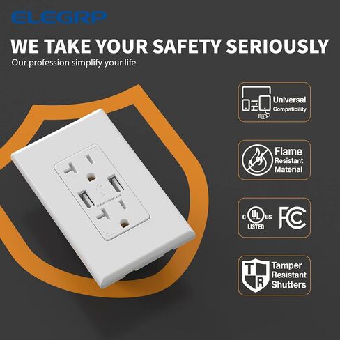 ELEGRP USB Wall Outlet Receptacle with Dual 4.0 A USB Ports, 20 Amp Duplex Tamper Resistant Receptacle, Charging Power Outlet with USB Ports, Wall Plate Included, UL Listed (6 Pack, Glossy White) in Saudi Arabia