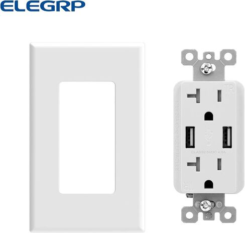 ELEGRP USB Wall Outlet Receptacle with Dual 4.0 A USB Ports, 20 Amp Duplex Tamper Resistant Receptacle, Charging Power Outlet with USB Ports, Wall Plate Included, UL Listed (6 Pack, Glossy White) in Saudi Arabia