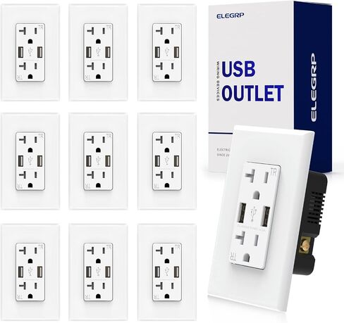 ELEGRP USB Wall Outlet Receptacle with Dual 4.0 A USB Ports, 20 Amp Duplex Tamper Resistant Receptacle, Charging Power Outlet with USB Ports, Wall Plate Included, UL Listed (6 Pack, Glossy White) in Saudi Arabia