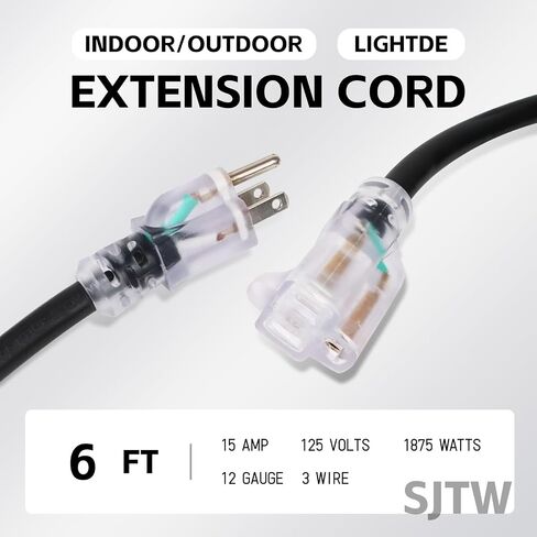 EP 6 Ft Lighted Outdoor Extension Cord - 12/3 SJTW Heavy Duty Black Extension Cable with 3 Prong Grounded Plug - Power Cord for Lawn, Garden, Appliances in Kuwait