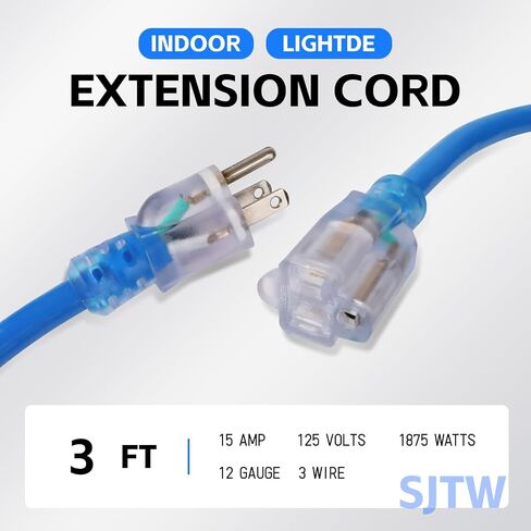 EP 6 Ft Lighted Outdoor Extension Cord - 12/3 SJTW Heavy Duty Black Extension Cable with 3 Prong Grounded Plug - Power Cord for Lawn, Garden, Appliances in Kuwait