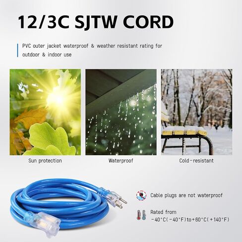 EP 6 Ft Lighted Outdoor Extension Cord - 12/3 SJTW Heavy Duty Black Extension Cable with 3 Prong Grounded Plug - Power Cord for Lawn, Garden, Appliances in Kuwait