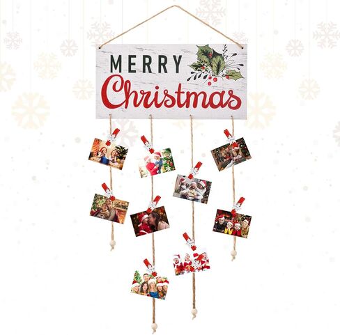 Christmas Card Holder Wooden Merry Christmas Wall Hanging Picture Holders with 30 Snowflake Wooden Clips Picture Holder for Holiday Décor - Rustic Home Office Wall Decor (White) in Saudi Arabia