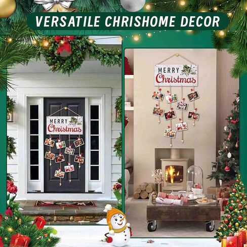 Christmas Card Holder Wooden Merry Christmas Wall Hanging Picture Holders with 30 Snowflake Wooden Clips Picture Holder for Holiday Décor - Rustic Home Office Wall Decor (White) in Saudi Arabia