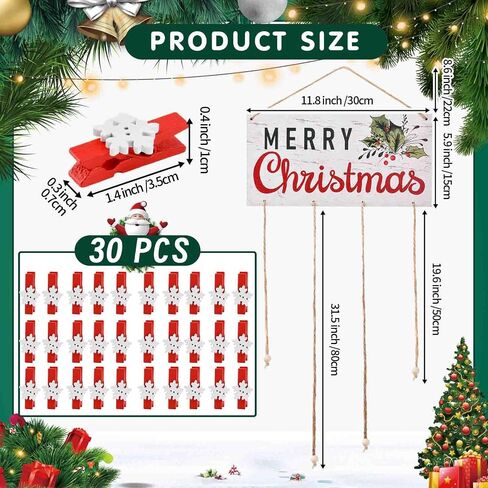 Christmas Card Holder Wooden Merry Christmas Wall Hanging Picture Holders with 30 Snowflake Wooden Clips Picture Holder for Holiday Décor - Rustic Home Office Wall Decor (White) in Saudi Arabia