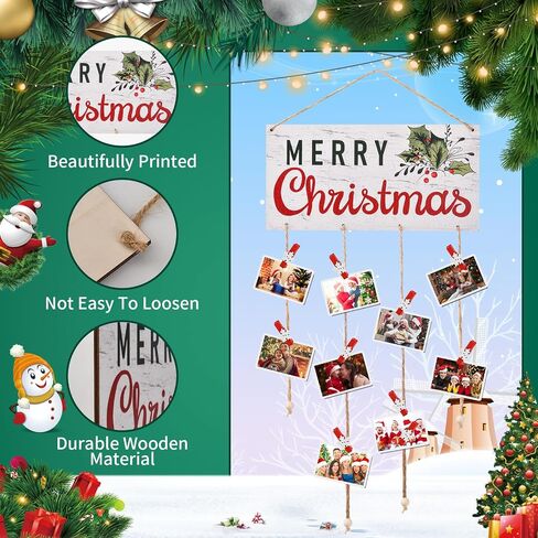 Christmas Card Holder Wooden Merry Christmas Wall Hanging Picture Holders with 30 Snowflake Wooden Clips Picture Holder for Holiday Décor - Rustic Home Office Wall Decor (White) in Saudi Arabia