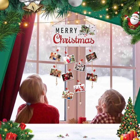 Christmas Card Holder Wooden Merry Christmas Wall Hanging Picture Holders with 30 Snowflake Wooden Clips Picture Holder for Holiday Décor - Rustic Home Office Wall Decor (White) in Saudi Arabia