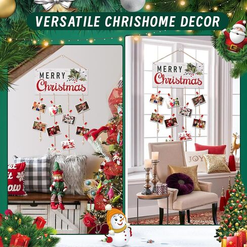 Christmas Card Holder Wooden Merry Christmas Wall Hanging Picture Holders with 30 Snowflake Wooden Clips Picture Holder for Holiday Décor - Rustic Home Office Wall Decor (White) in Saudi Arabia