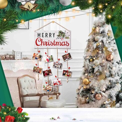 Christmas Card Holder Wooden Merry Christmas Wall Hanging Picture Holders with 30 Snowflake Wooden Clips Picture Holder for Holiday Décor - Rustic Home Office Wall Decor (White) in Saudi Arabia