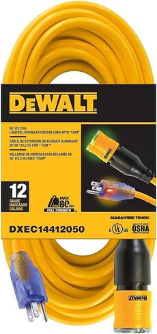 DEWALT 50 Foot 12/3 SJTW Click-to-Lock Lighted Extension Cord - Heavy Duty Outdoor, Waterproof, Weatherproof, Heat & Corrosion Resistant Industrial Strength Light Up Prong Outlet Plug Power Cord in Saudi Arabia