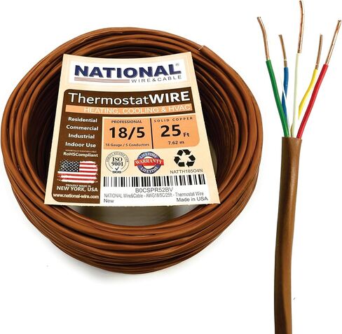 18/5 25Ft. NATIONAL Wire&Cable Thermostat Doorbell HVAC Heating Control Professional Cable Wire - Made in USA - 100% Solid Copper Conductors, CL2 ETL Listed, Low Voltage Applications Use in Kuwait