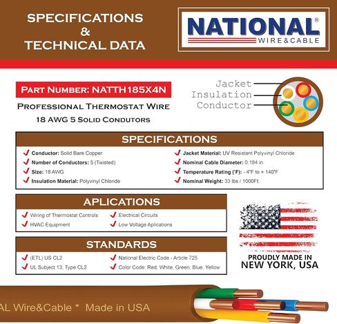 18/5 25Ft. NATIONAL Wire&Cable Thermostat Doorbell HVAC Heating Control Professional Cable Wire - Made in USA - 100% Solid Copper Conductors, CL2 ETL Listed, Low Voltage Applications Use in Kuwait