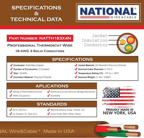 18/5 25Ft. NATIONAL Wire&Cable Thermostat Doorbell HVAC Heating Control Professional Cable Wire - Made in USA - 100% Solid Copper Conductors, CL2 ETL Listed, Low Voltage Applications Use in Kuwait