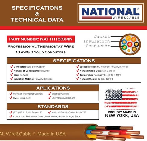 18/5 25Ft. NATIONAL Wire&Cable Thermostat Doorbell HVAC Heating Control Professional Cable Wire - Made in USA - 100% Solid Copper Conductors, CL2 ETL Listed, Low Voltage Applications Use in Kuwait