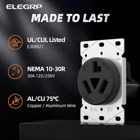 ELEGRP 30 Amps 3 Prong Dryer Outlet, 125/250V Flush Mounting Power Outlet, NEMA 10-30R Receptacle, Straight Blade Dryer Outlet, Non-Grounding, 3 Pole 3 Wire, UL Listed, 1 Pack in Kuwait