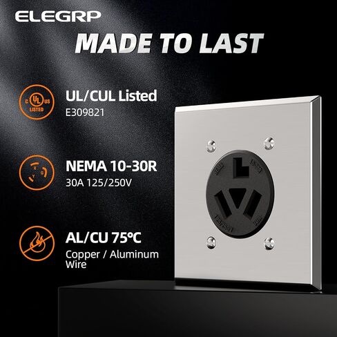 ELEGRP 30 Amps 3 Prong Dryer Outlet, 125/250V Flush Mounting Power Outlet, NEMA 10-30R Receptacle, Straight Blade Dryer Outlet, Non-Grounding, 3 Pole 3 Wire, UL Listed, 1 Pack in Kuwait