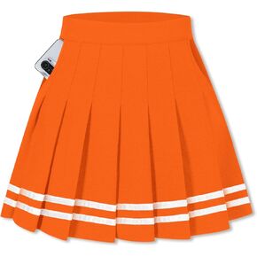 SANGTREE Toddler Little & Big Girls' Pleated Tennis Short A-Line Mini Skirt Junior Teen School Uniform A# Orange with Stripe 2 Pockets, 13-14 Years = Tag 170