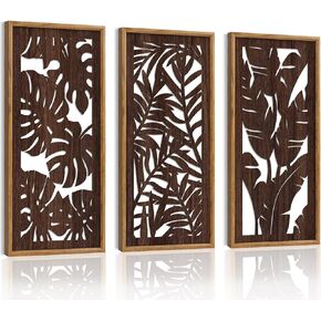 HPNIUB 3PCS Tropical Wall Decor, Rustic Palm Leaf Wooden Sign for Bathroom, Vintage Leaf Plant Hanging Wood Plaque Wall Art Nature Picture for Home Office Living Room Decoration(8x16Inch)
