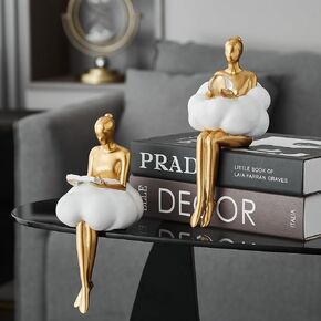 Gold Decor Reading Statues Decorations for Living Room, 2Pcs Clouds Girl Figurines Shelf Decor Aesthetic, Modern Sculpture Decor for Shelves Bookshelf Coffee Table, Gifts for Women Girls