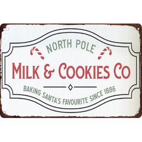 North Pole Milk and Cookies Co Baking Santa’s Favourite Metal Vintage Tin Sign Retro Wall Decoration for Cafe Bars Restaurants Man Cave Home Retro Plaque Metal Plate 8x12 Inch
