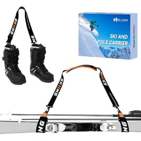 Mellbree Ski & Pole Carrier Straps, Shoulder Sling with Cushioned for Easy Transportation of Your Ski Gear Ski Carrier Straps and Shoe Carrier 1Set Easy Carrier Tools