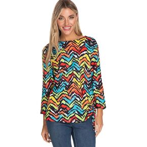 MULTIPLES Women's Multi-Button Three Quarters Sleeve Drop Shoulder Bateau Neck Side Drawstring Top
