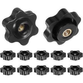 HARFINGTON 12pcs Star Knobs M6 Female Thread 38mm 6-Point Plastic Head Brass Insert Through Hole Screw-in Threaded Hand Knob Clamping Handle, Black