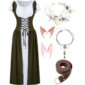 7 PCS Renaissance Dresses for Women Medieval Costume with Elf Ears, Necklace, Leather Belt, and Flower Crown
