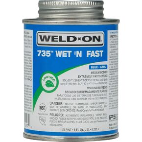 WELD-ON 12495 735 Wet 'N Fast Medium-Bodied High Strength PVC Cement - Extremely Fast Setting and Low-VOC, Blue, 1 Quart (32 fl oz)
