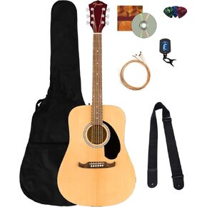 Fender Dreadnought Acoustic Guitar - Natural Bundle with Gig Bag, Strap, Strings, Picks, and Austin Bazaar Instructional Video