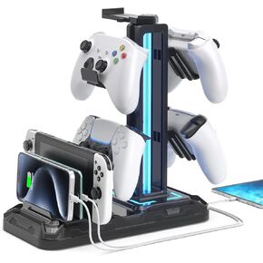 KDD Headset Stand with Phone Holder - Detachable Controller Holder with 9 Light Modes - Rotatable Headphone Hanger with USB Charging Ports - Earphone Hook for Gaming PC Accessories Storage(Black)