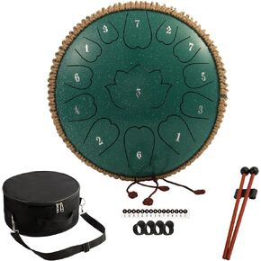 Steel Tongue Drum - 12-Inch 13-Notes Tongue Drum, D Major Outdoor Rain Drum With Tote Bag, Music Book, and Hand-Held Drumsticks (Green)