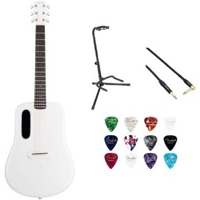 LAVA ME 4 Carbon 36 with Airflow Bag White Bundle with Rok-It Tripod Guitar Stand, Kopul PREM Performance Series Right Angle Cable and Celluloid Guitar Picks Shape Medium 12-Pack