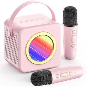 Karaoke Machine Gifts for Kids Adults: Mini Karaoke Speaker Machine with Wireless Microphones Colorful LED Light Christmas Birthday Gifts for Girls Boys 4 5 6 7 8 9 10 11 12+ Years Old(Pink)