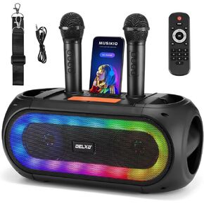 Karaoke Machine with 2 Wireless Microphones for Adults Teen, Powerful Portable Bluetooth Karaoke Speaker Loud for Party, PA System Remote Singing Machine with LED Lights, Support BT TWS USB TF, Gift
