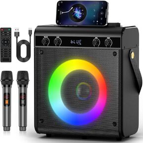 Karaoke Machine with Two Wireless Microphone, Portable Karaoke Machine for Adults & Kids Bluetooth Speaker PA System with LED Light Supports TF Card/USB FM TWS REC AUX in for Home Party