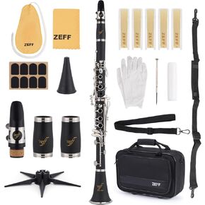 ZEFF Bb Clarinet, Student Beginner Clarinet with 2 Barrels, Silver Plated Keys, Case, Stand, 5 Reeds, Cleaning Cloth, Cork Grease, Mouthpiece Brush and Pad Brush