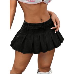 Women's Y2K Low Waist Pleated Denim Skirt Zipper Raw Hem Mini Skirt Casual Ruffle Jean Skirt