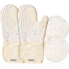 Cooking Mittens,Oven Mittens for Kitchen,Oven Gloves for kitchen,Non-Slip Grip,Washable Silicone Oven Mitts Heat Resistant 500°F, Cooking Baking(cream