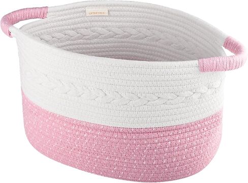 Cute Woven Basket With Handles,（15"x9.8"x9" Sturdy&Durable Baby Toys Basket,Nursery Bin,Dog Toy Basket,Dog Toy Bin,Dog Toy Box,Kindly for Baby,White and Brown ,1pack in Saudi Arabia