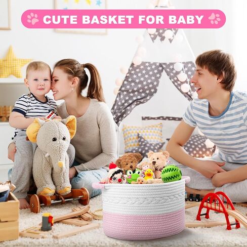Cute Woven Basket With Handles,（15"x9.8"x9" Sturdy&Durable Baby Toys Basket,Nursery Bin,Dog Toy Basket,Dog Toy Bin,Dog Toy Box,Kindly for Baby,White and Brown ,1pack in Saudi Arabia