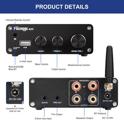 Facmogu AC06 200W Bluetooth 5.3 Stereo Receiver, RMS 100W*2 TPA3116 Class D HiFi Audio Power Amplifier, Dual Channel Amplifier Receiver with 24V Power Supply, Mini Digital Integrated Amp Speaker Amp in Saudi Arabia