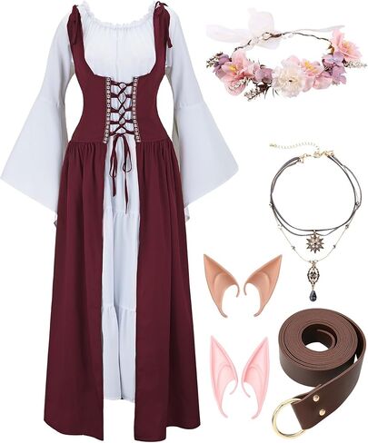 7 PCS Renaissance Dresses for Women Medieval Costume with Elf Ears, Necklace, Leather Belt, and Flower Crown in Saudi Arabia