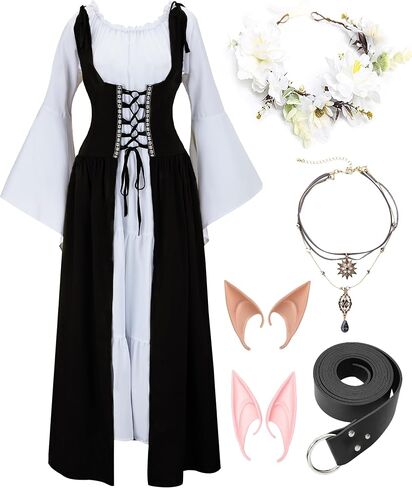 7 PCS Renaissance Dresses for Women Medieval Costume with Elf Ears, Necklace, Leather Belt, and Flower Crown in Saudi Arabia