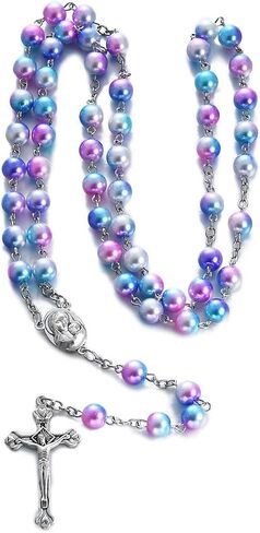 Catholic 8MM Colorful Beads Rosary, Rosaries Necklace with Alloy Miraculous Medal and Crucifix Cross in Saudi Arabia