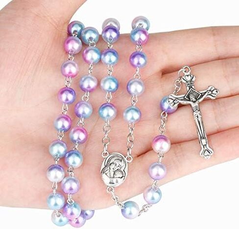 Catholic 8MM Colorful Beads Rosary, Rosaries Necklace with Alloy Miraculous Medal and Crucifix Cross in Saudi Arabia