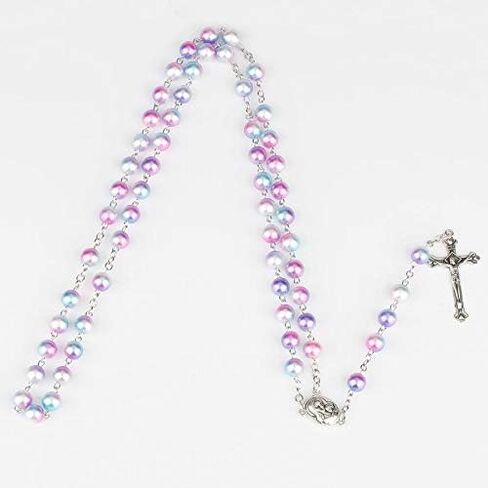 Catholic 8MM Colorful Beads Rosary, Rosaries Necklace with Alloy Miraculous Medal and Crucifix Cross in Saudi Arabia