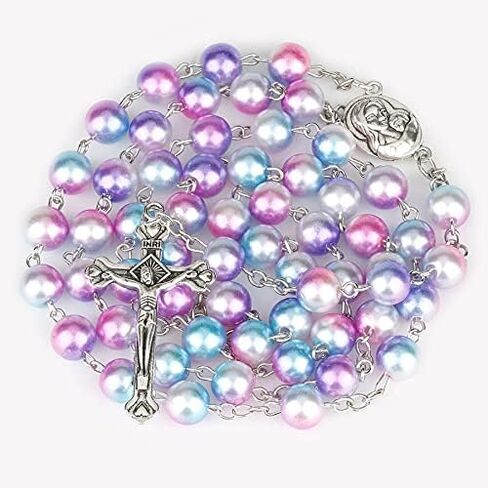 Catholic 8MM Colorful Beads Rosary, Rosaries Necklace with Alloy Miraculous Medal and Crucifix Cross in Saudi Arabia