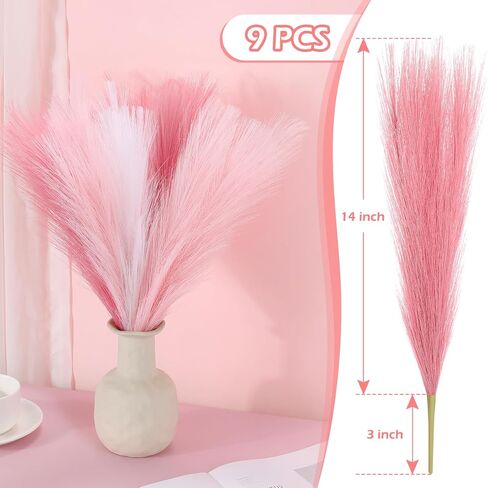 9 Pcs 45" Pampas Grass Tall Pink White Decor Faux Dried Fluffy Fake Long Light Pink Pompas Artificial Pompous Stems Bouquet Flower Vase Filler Home Wedding Room Wall Decoration in Kuwait